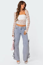 Edward - Dames Sheer kanten overlay met dramatische schouderuitsnijdingen Top