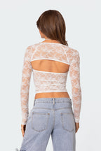 Edward - Dames Sheer kanten overlay met dramatische schouderuitsnijdingen Top