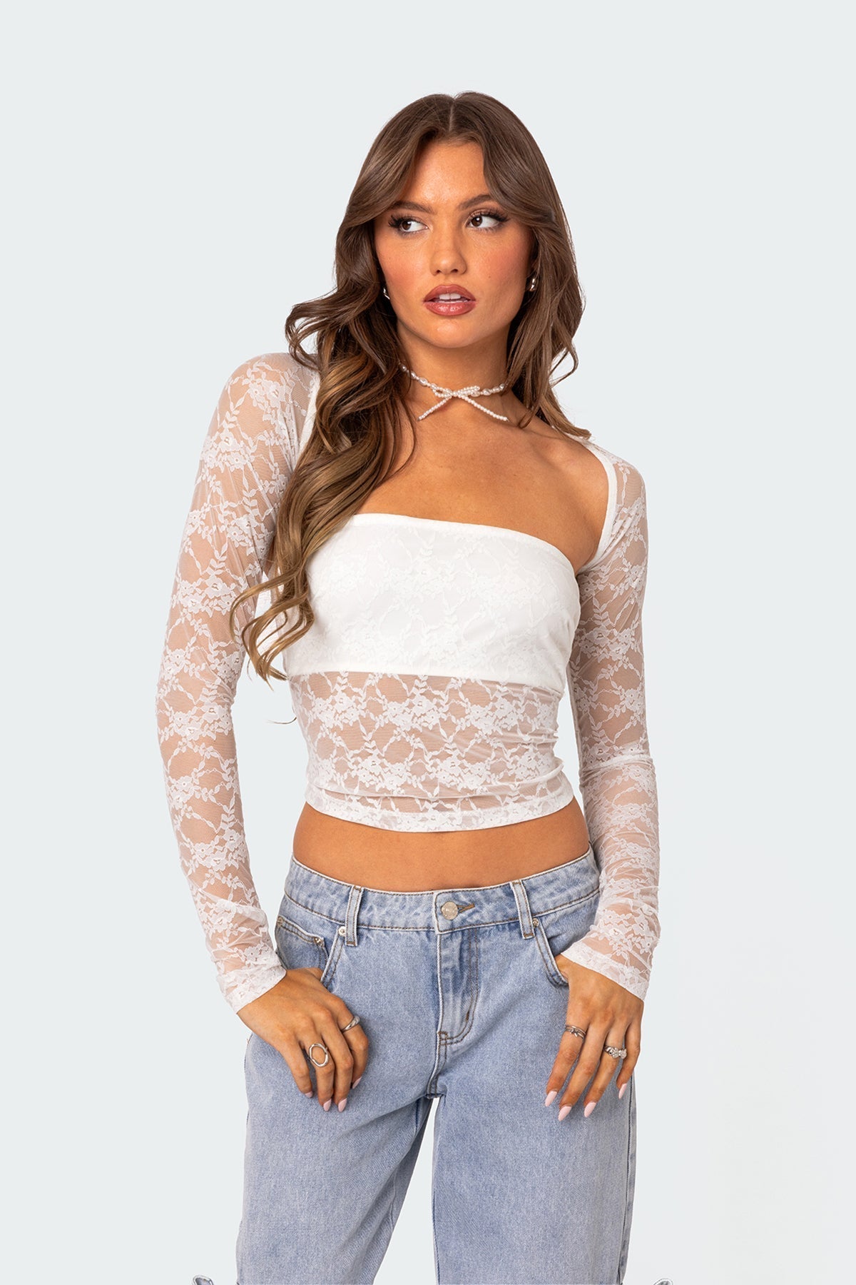 Edward - Dames Sheer kanten overlay met dramatische schouderuitsnijdingen Top