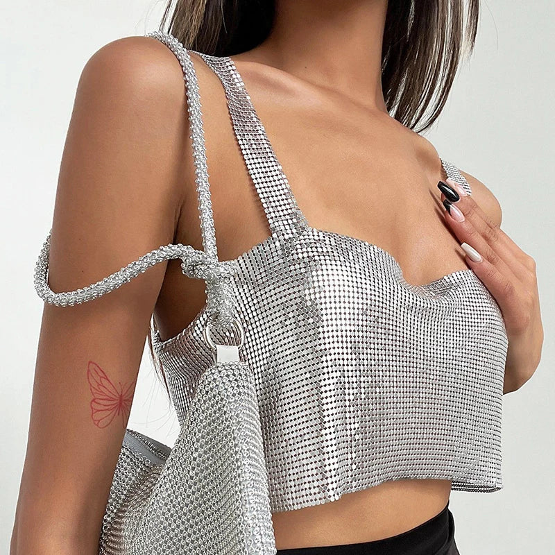 Jerrica - Glanzende Metallic Gaas Cropped Top voor Vrouwen