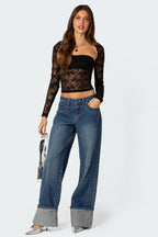 Edward - Dames Sheer kanten overlay met dramatische schouderuitsnijdingen Top