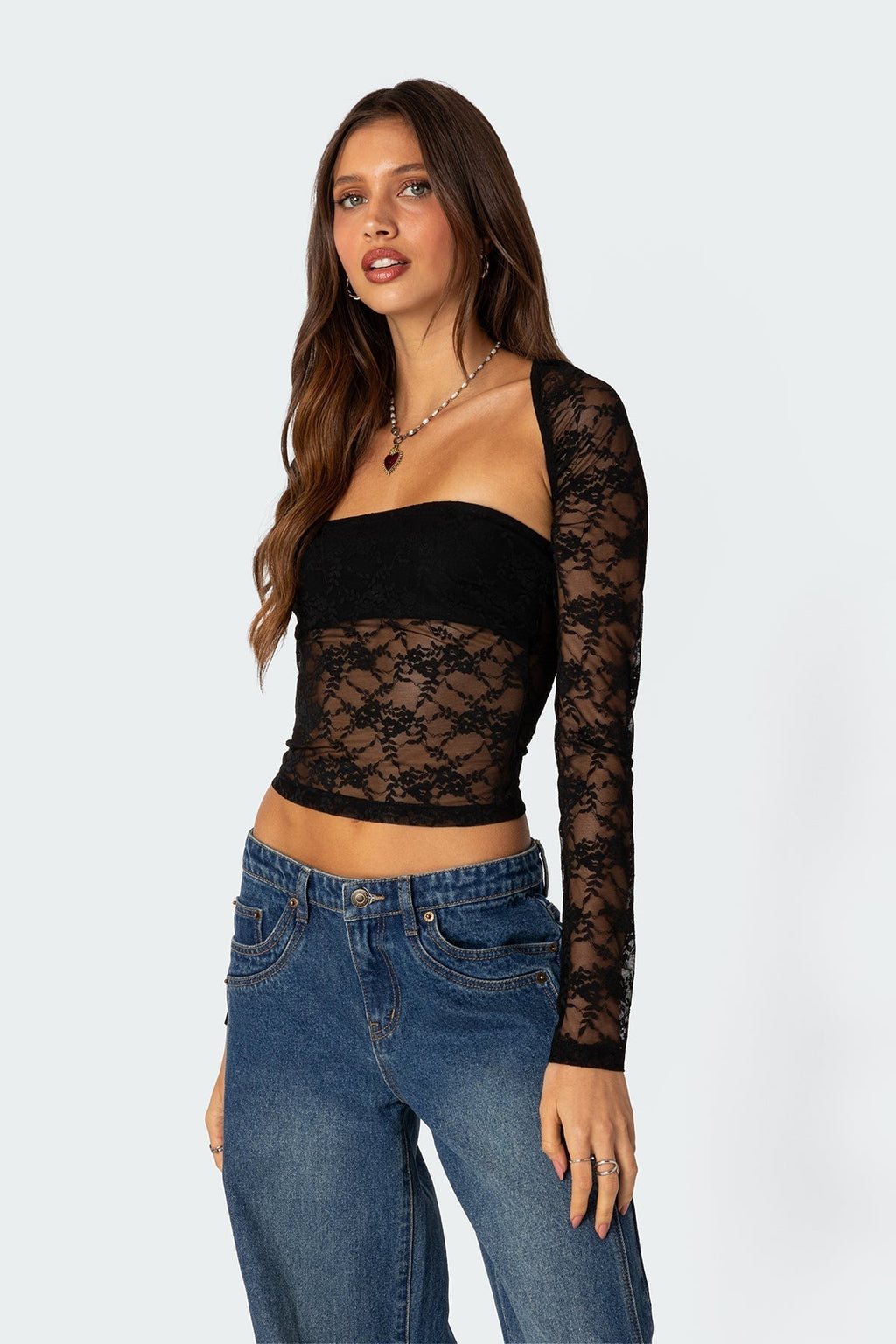 Edward - Dames Sheer kanten overlay met dramatische schouderuitsnijdingen Top