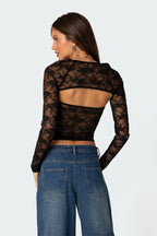 Edward - Dames Sheer kanten overlay met dramatische schouderuitsnijdingen Top