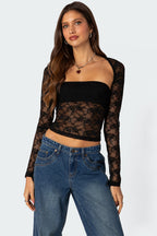 Edward - Dames Sheer kanten overlay met dramatische schouderuitsnijdingen Top