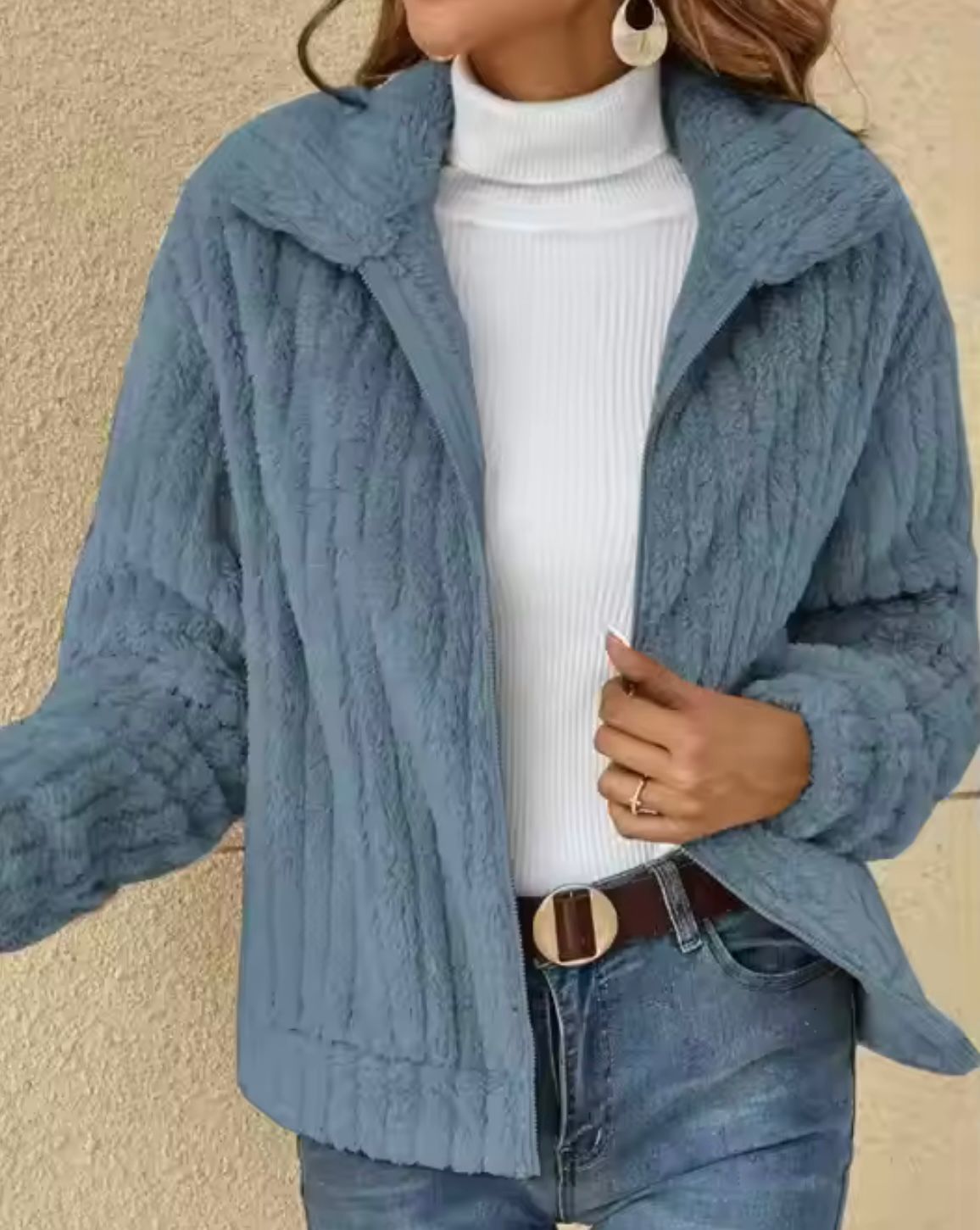 Stella - Dames Fuzzy textuur en oversized kraag Jas