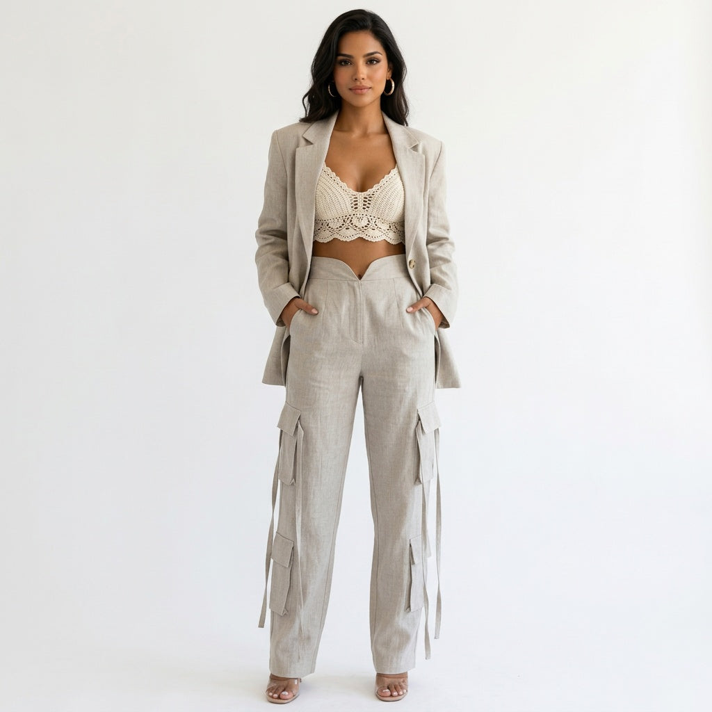 Lanae - Dames wide-leg cargo broek met flapzakken tweedelig set