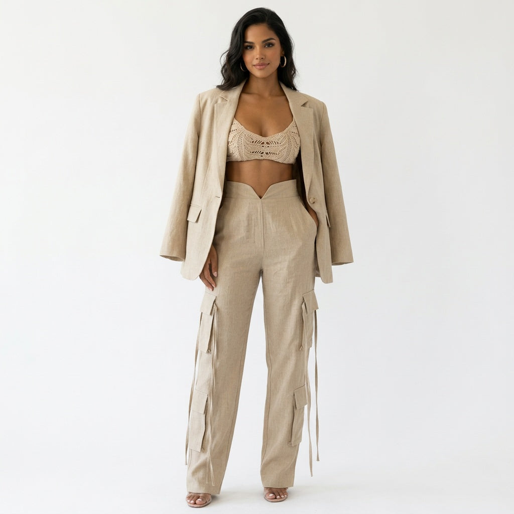 Lanae - Dames wide-leg cargo broek met flapzakken tweedelig set