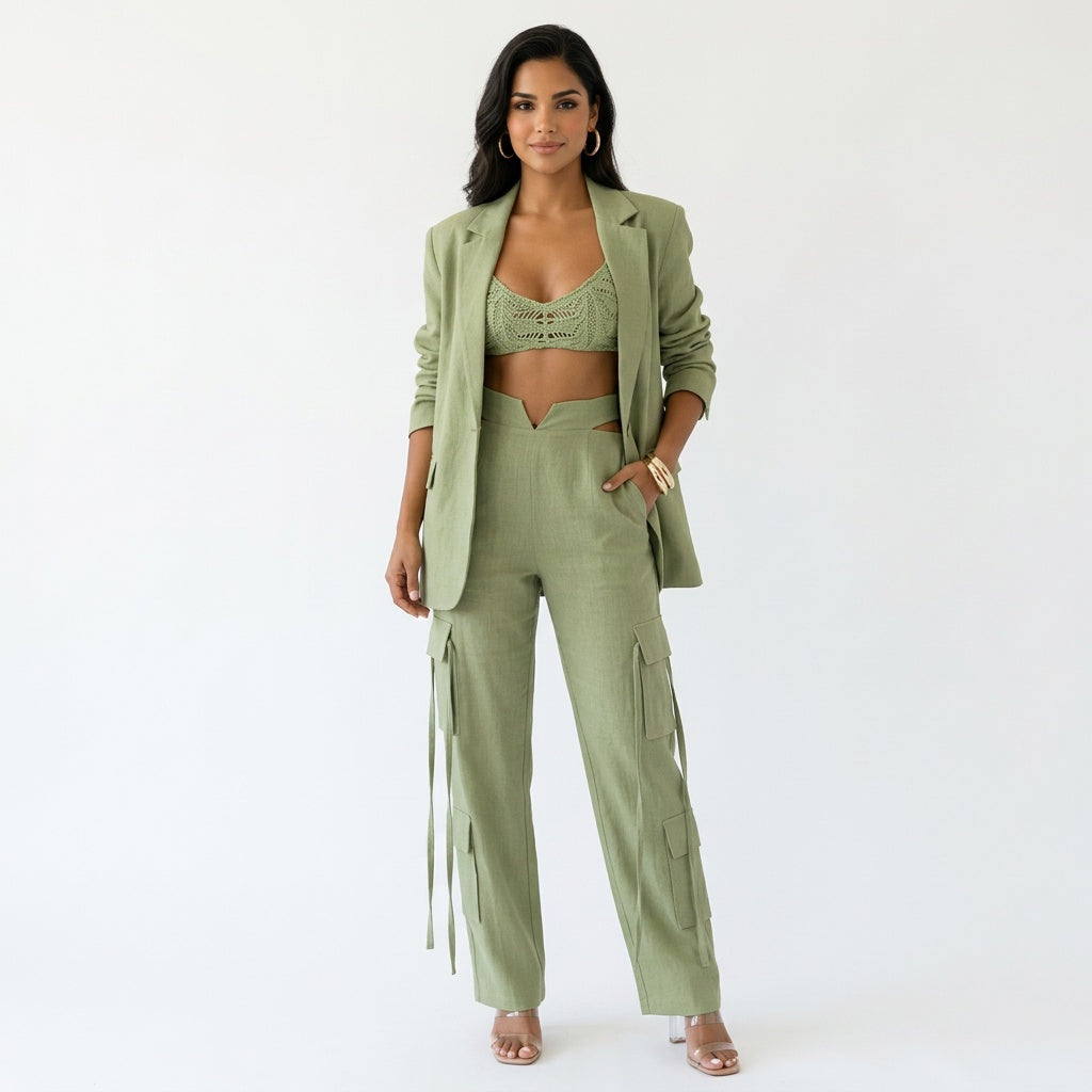 Lanae - Dames wide-leg cargo broek met flapzakken tweedelig set