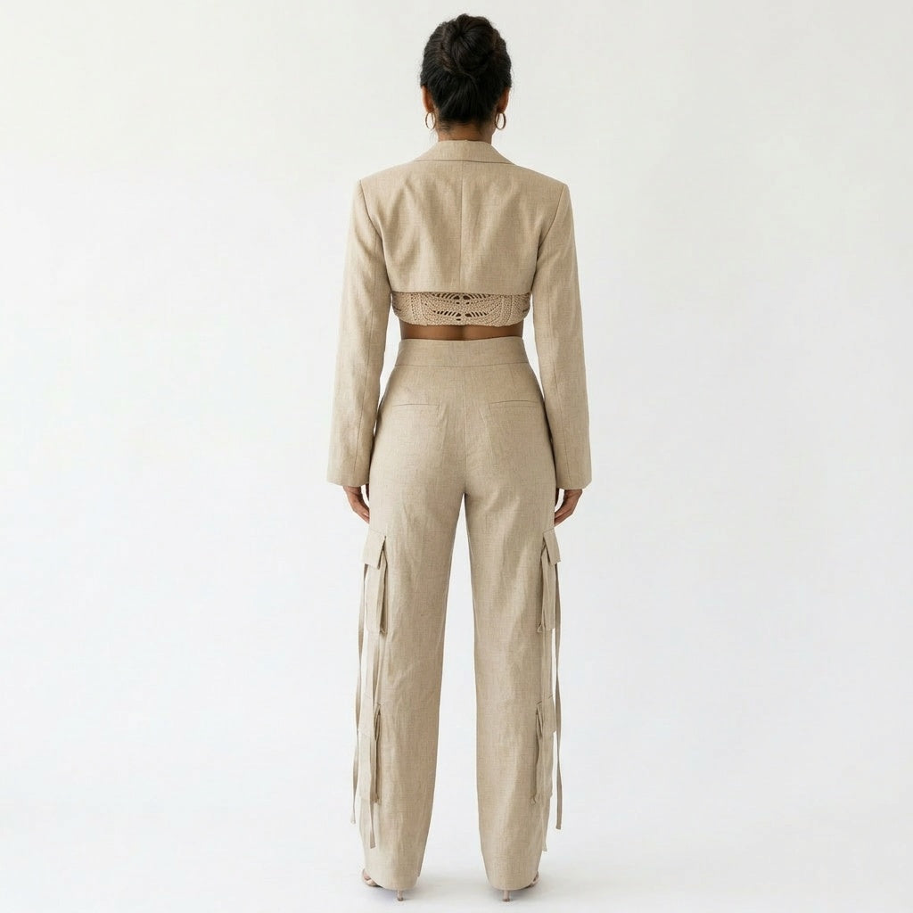 Lanae - Dames wide-leg cargo broek met flapzakken tweedelig set